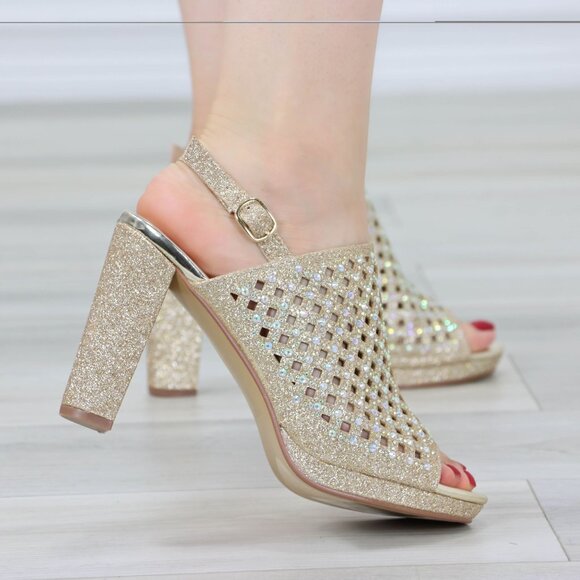 Sparkly Rhinestone Glitter Champagne Platform High Heels Open Toe Party Shoes - Picture 11 of 14